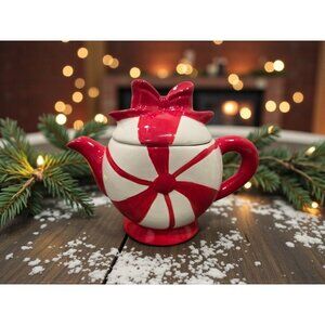 New Red / White Peppermint Christams Holiday Party Ceramic Tea Pot Teapot W/ Bow